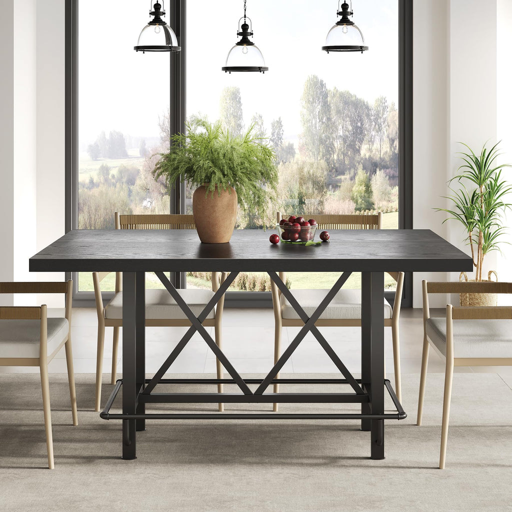 63-Inch Industrial Bar Table with Metal Footrest, Counter Height Pub Table Bar & Entertaining (Black)