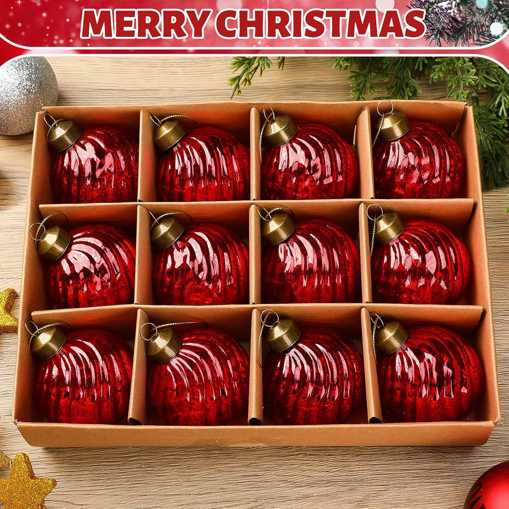 12 Pcs Burgundy Christmas Mercury Glass Ornaments 2.36" Vintage Hanging Christmas Balls Ornaments Finials Grooved