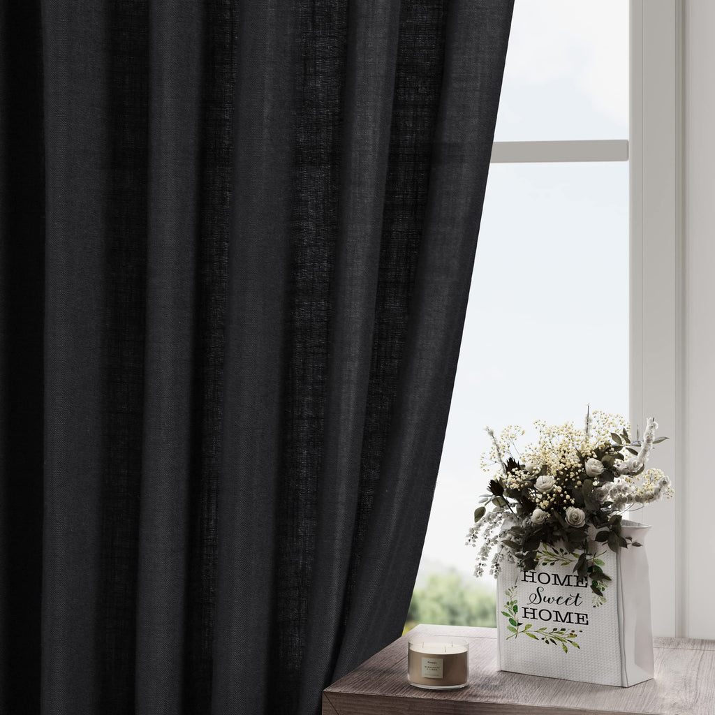 Black Linen Curtains Back Tab Rod Pocket Semi Sheer Light Filtering See Through Drapes 98 Inch Length 2 Panels Set