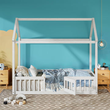 Wooden House Bed, Floor Bed with Fence and Door, Guardrail, White