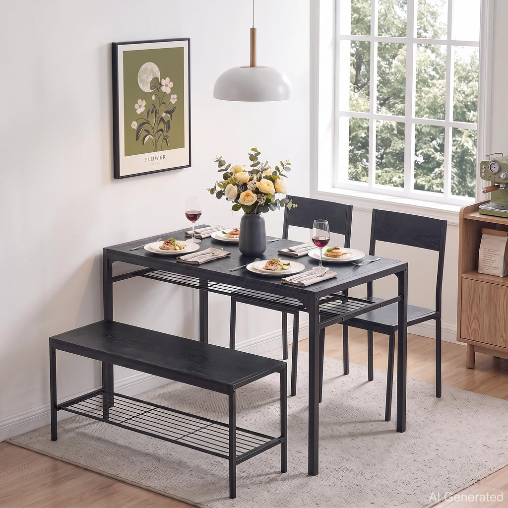 Kitchen Dining Room Table with 2 Chairs & Bench, Compact Space-Saving Design, Easy Assembly Steel Frame, Perfect for