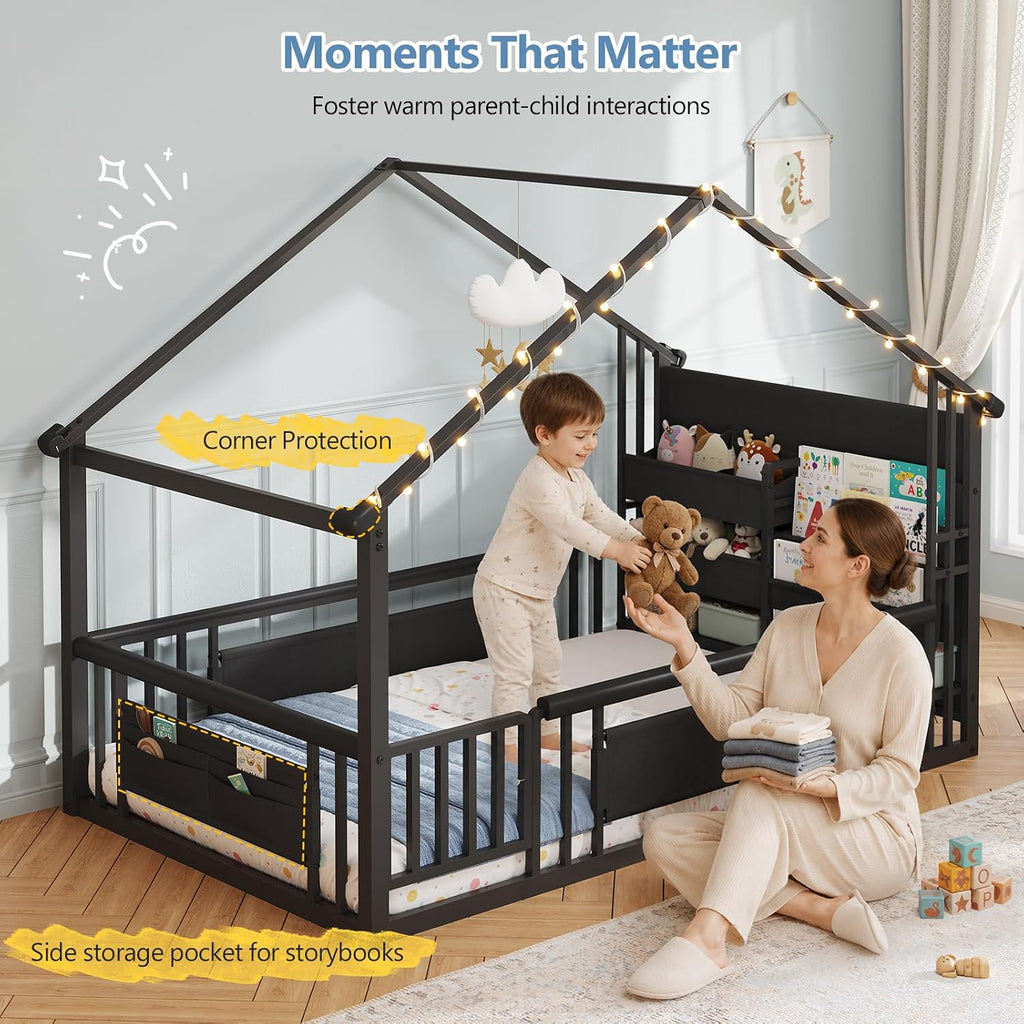 Montessori Floor Bed with Storage Bookshelf and Wood Slats House Floor Bed for Toddlers with Safety