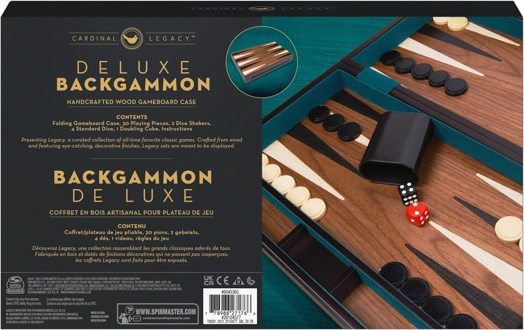 Legacy Deluxe Wooden Backgammon Classic 2-Player Original Board Game Set with Cups and Dice, for Kids and Adults Aged