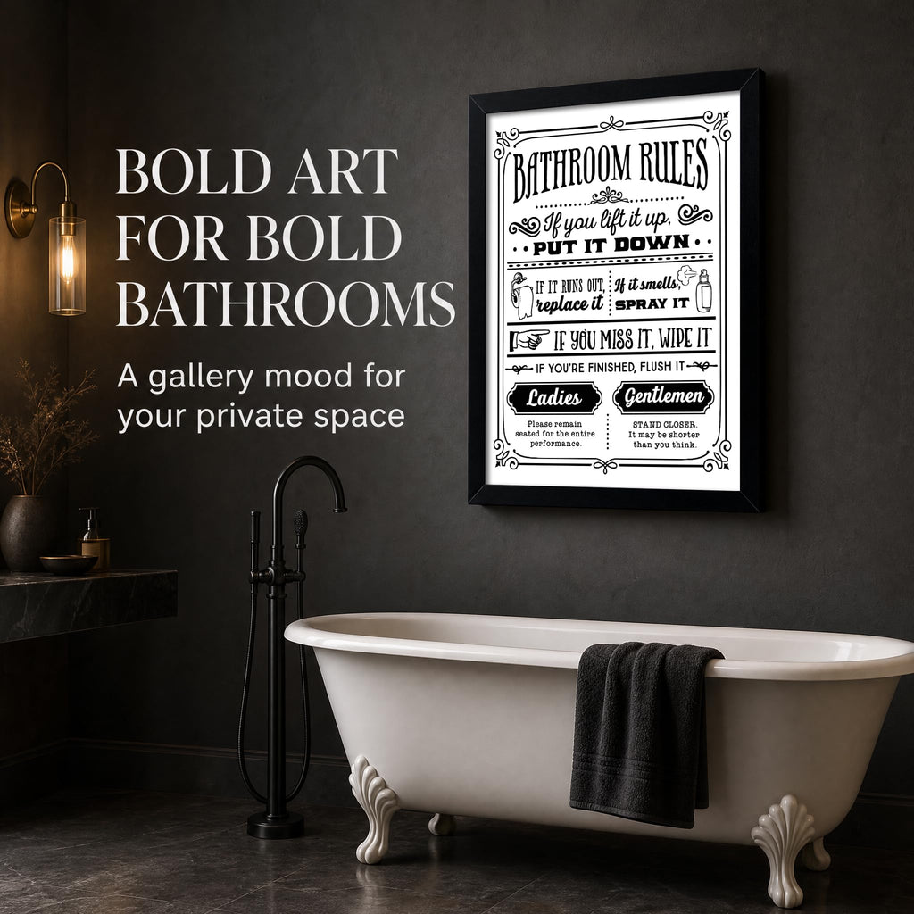 Framed, Black and White Wall Art - Funny Toilet Rules Prints, Humorous Restroom Sign Canvas, Washroom Regulations