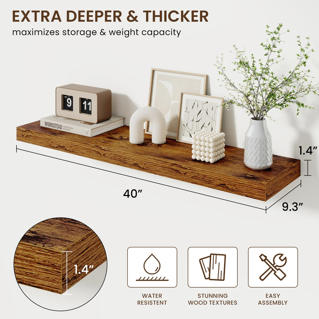 40in Deep Floating Shelves for Wall, Rustic Wall Shelves Bathroom Bedroom Kitchen, Wall Mounted Shelf with Invisible
