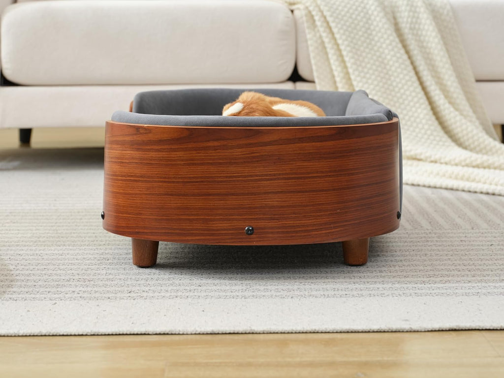 Scandinavian Style Elevated Dog Bed Pet Sofa with Solid Wood Legs and Walnut Bent Wood Back, Dark Grey Velvet, Mid Size
