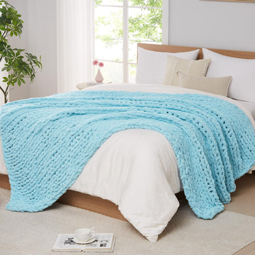Chenille Chunky Knit Blanket, Light Blue, 50x60, Heavyweight Throw Blanket Decor