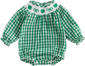 Baby Girl Smocked Romper Plaid Long Sleeve Crew Neck Embroidery Pattern Bubble Onesie Bodysuit Cute Newborn Clothes