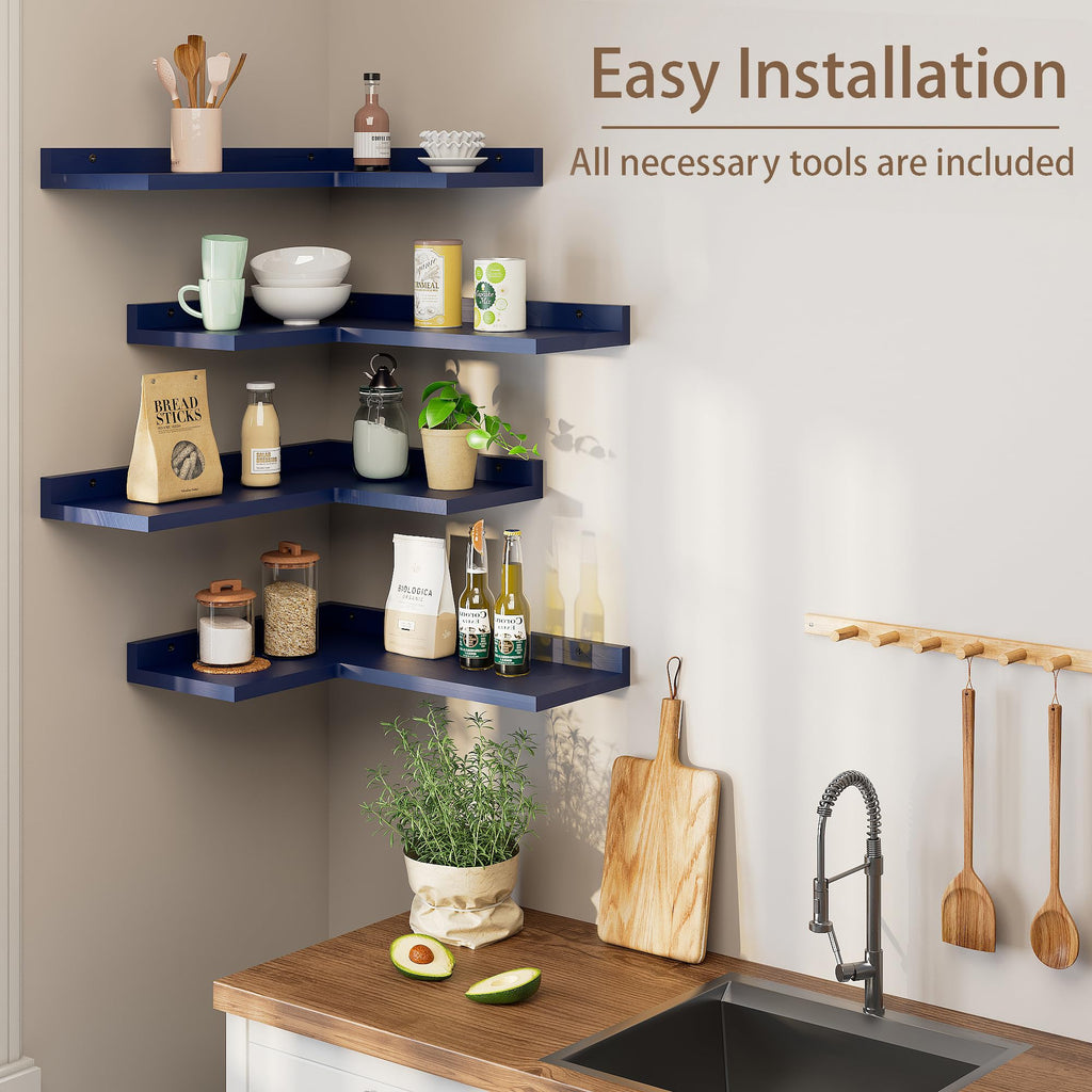 4 Tier Floating Shelves - Navy Blue Set of 4, Rustic Pine Wooden L Shaped Corner Wall Shelf for Wall Decor Storage