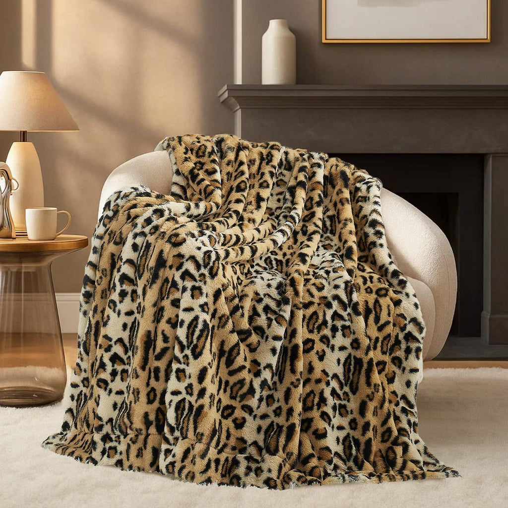 Bliss Leopard Print Faux Fur Throw Blanket, 60"×80", Brown Leopard