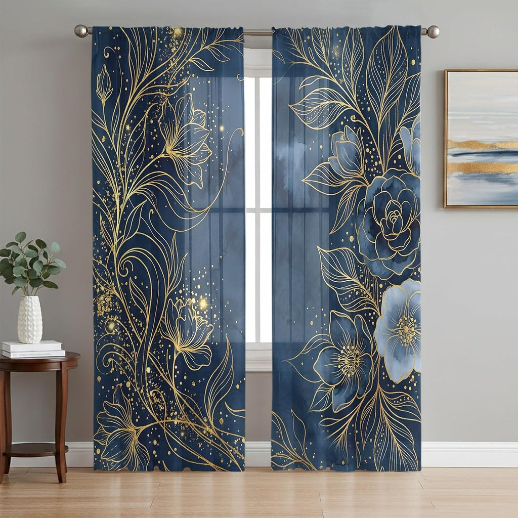Luxury Floral Sheer Curtains for Living Room Bedroom Blue Golden Lace Vintage Sheer Curtains 96 Inch Long 2 Panels