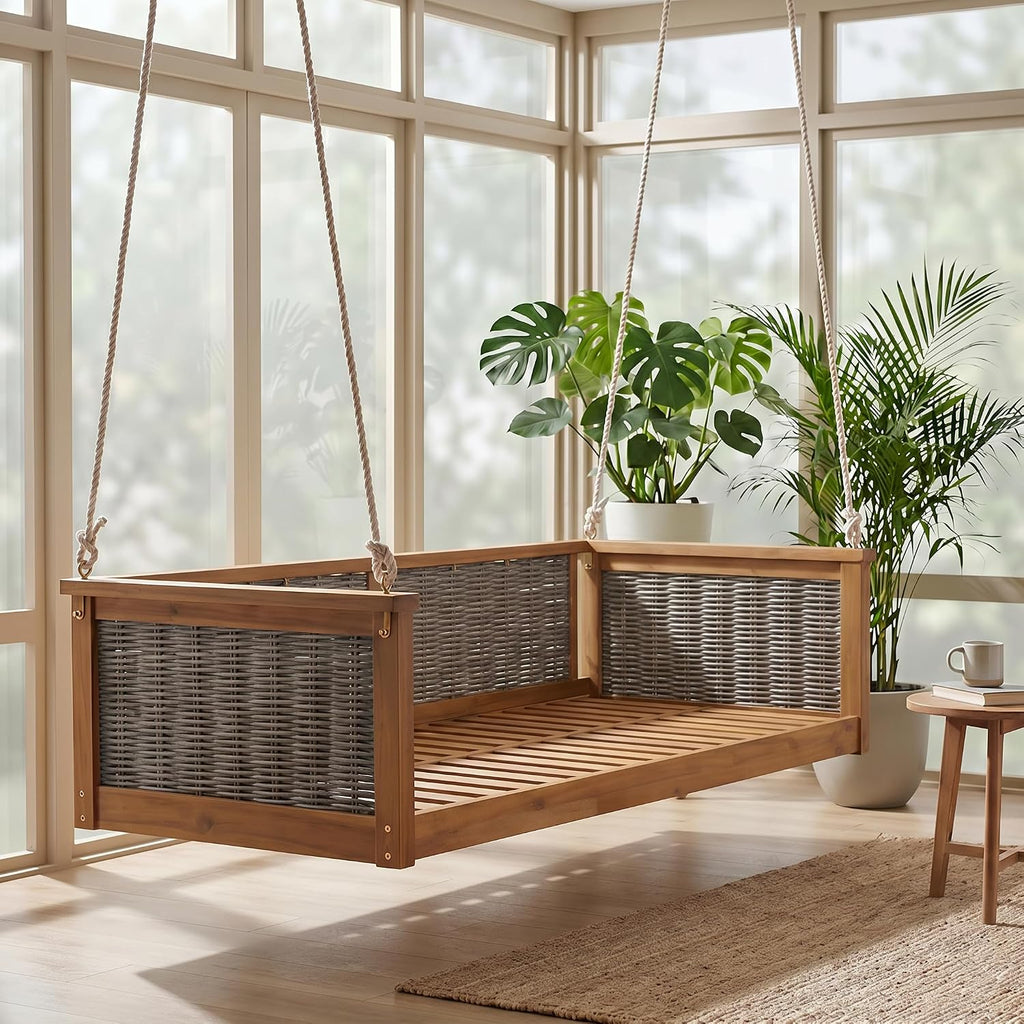 Twin Size Porch Swing Bed, Acacia Wood Outdoor Hanging Daybed with Hemp Rope, Rattan Swing Bench , Backyard, Garden
