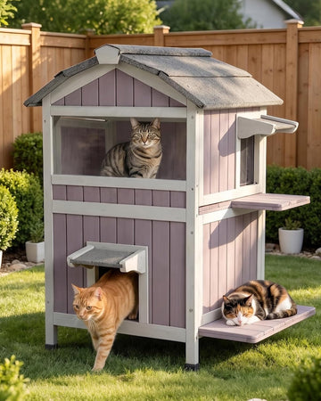 Cat House Outdoor Feral Cat Enclosure, Weatherproof Warm Kitty Shelter with Large Balcony, Escape Doors