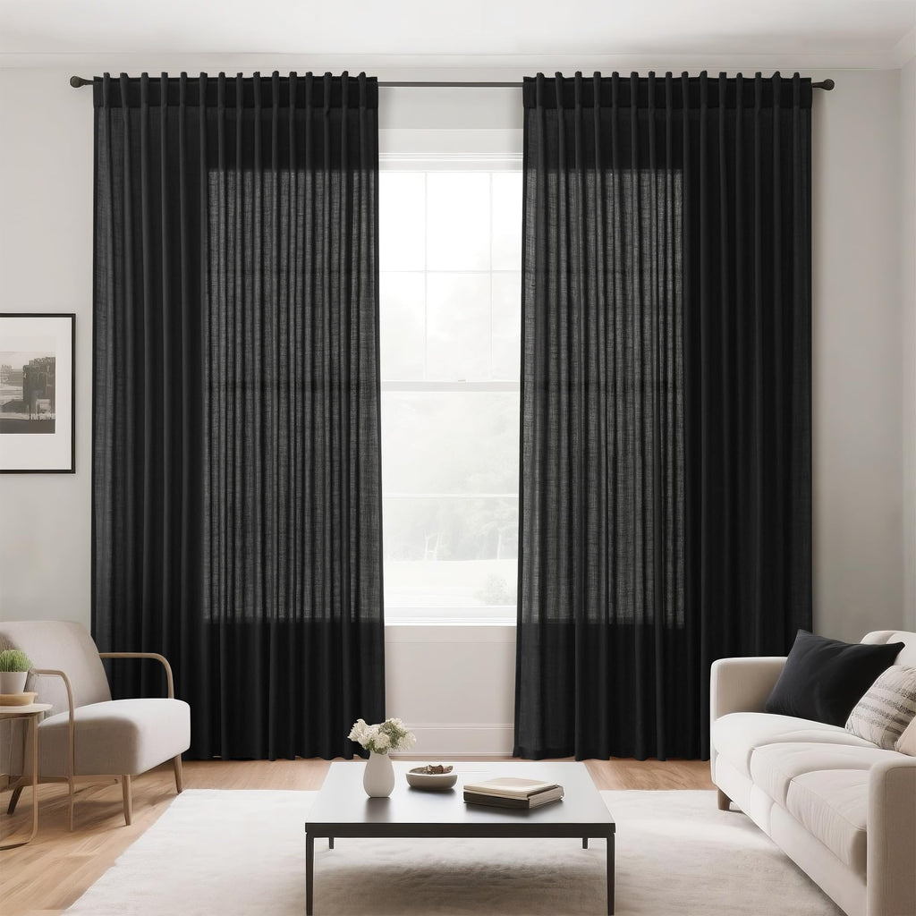 Extra Wide 100 Inch Linen Curtains Divider Light Filtering Semi Sheer Back Tab Patio Curtains for Sliding Door Black