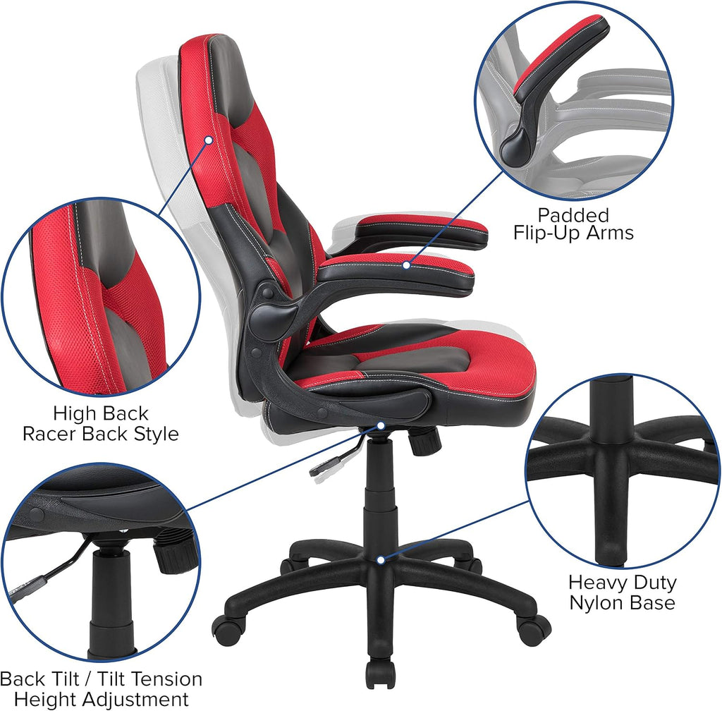 X10 Gaming Chair Racing Office Ergonomic Computer PC Adjustable Swivel Chair with Flip-up Arms, Red/Black LeatherSoft