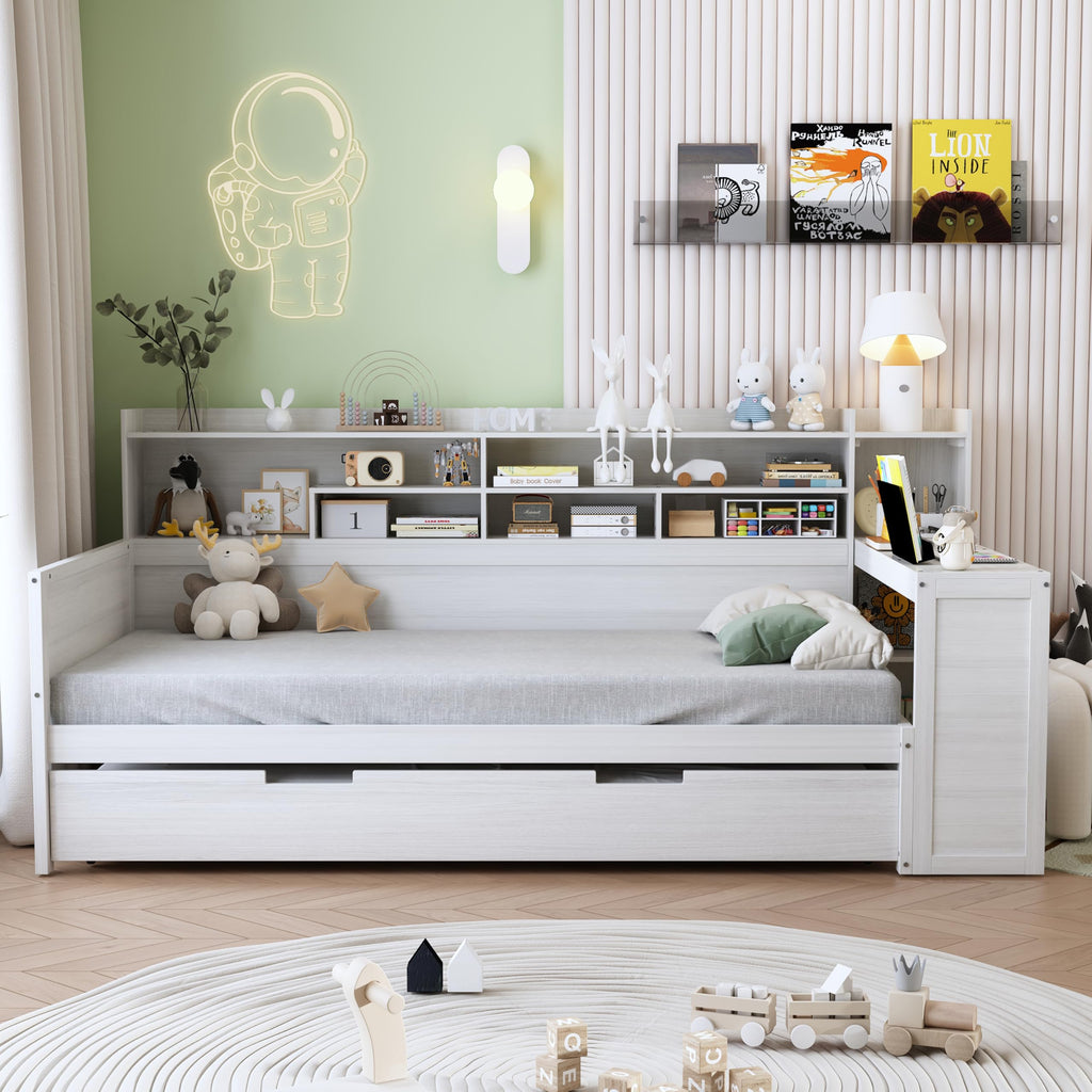 Twin Size Daybed with Trundle, Wooden Multi-Functional Bed with Storage Shelves and Study Desk, White