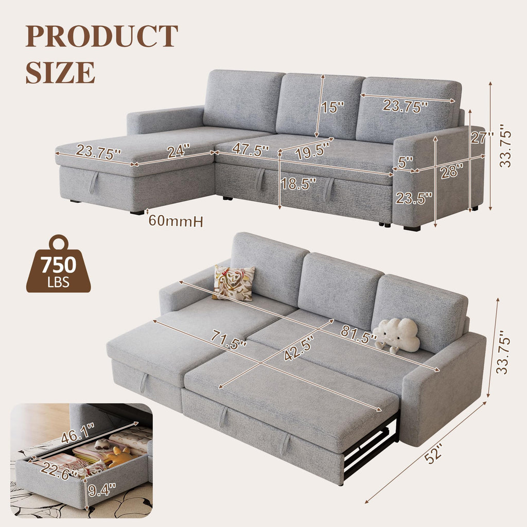 81" L Shaped Convertible Sleeper Sectional Sofa Bed, Light Gray