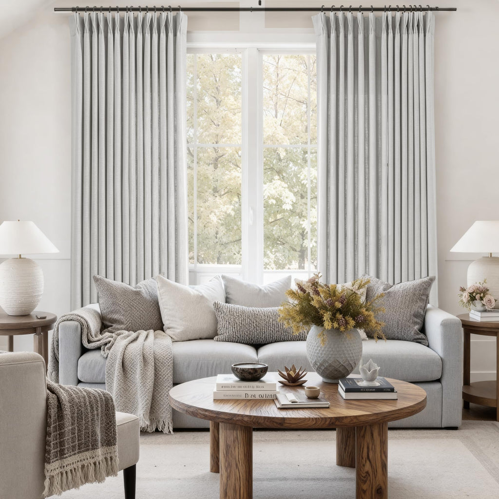 Grey Pinch Pleated Linen Curtains 96 Inch Length 2 Panels