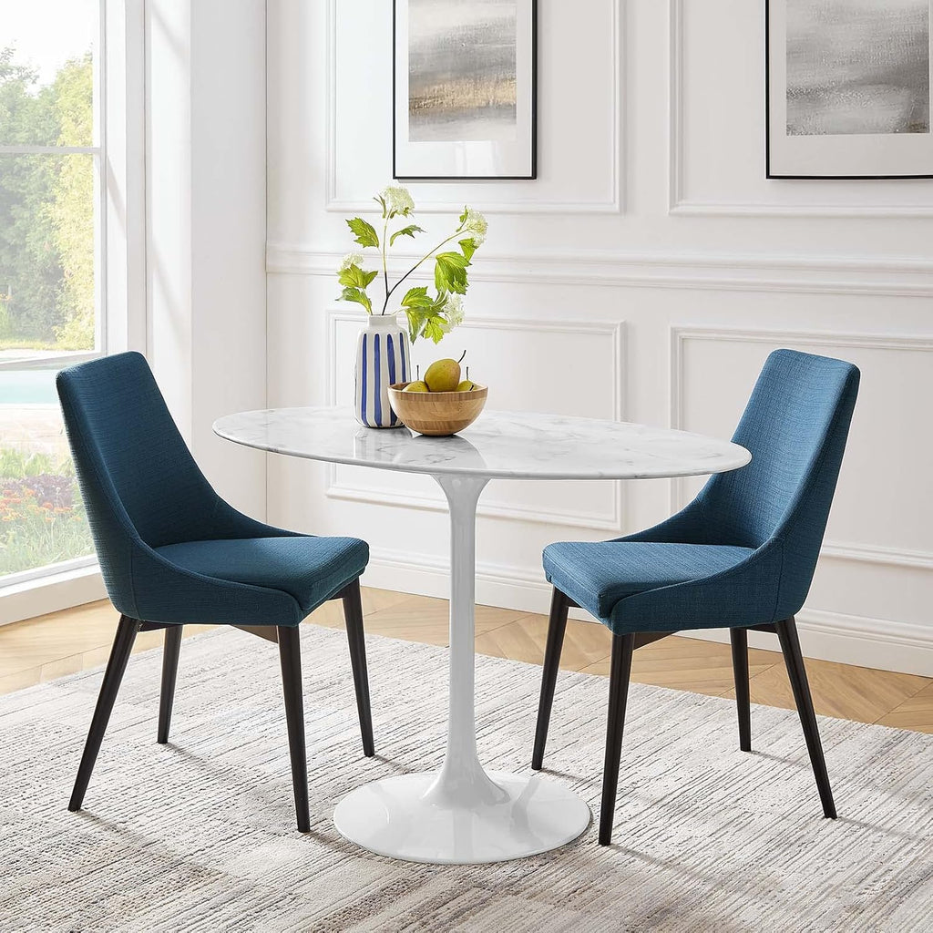 Lippa 48" Oval-Shaped Mid-Century Modern Dining Table with Artificial Marble Top and White Base