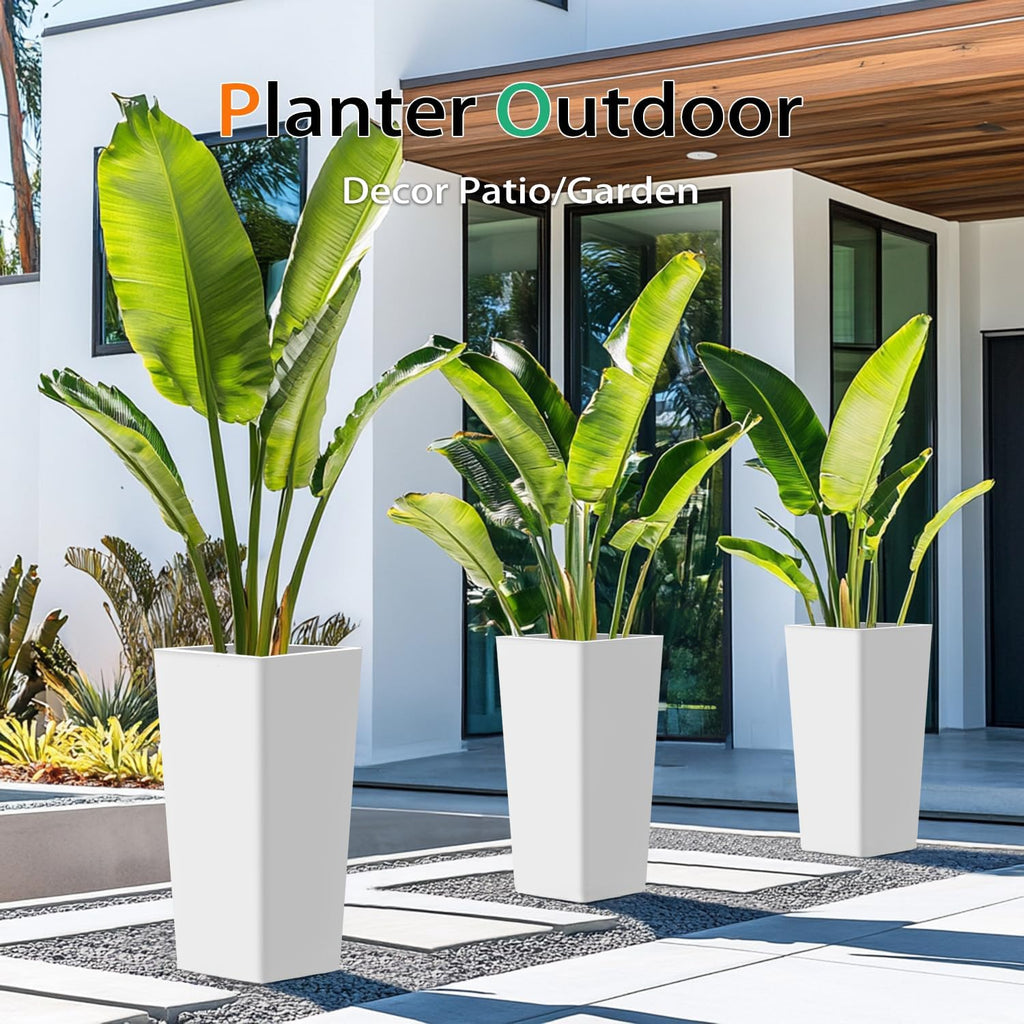 Tall Planters for Outdoor Plants, Large Resin Flower Pots for Garden, Front Porch, Patio, Indoor - Set of 2 (White