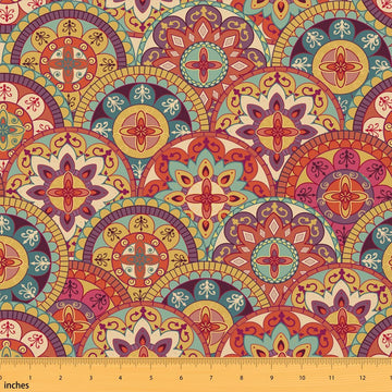 Traditional Oriental Floral Fabric by The Yard, Ethnic Abstract Art Theme, Stripes Circular Fabric, Vintage Room Indoor