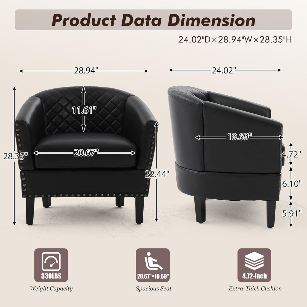 Retro PU Leather Barrel Chairs, (Black) - Set of 2