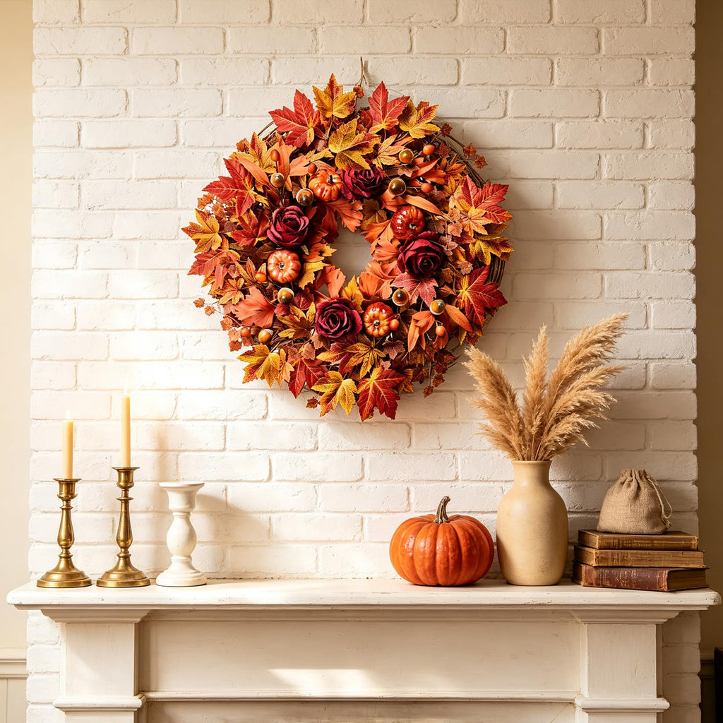 26" Large Artificial Fall Maple Leaves Wreath for Front Door, Autumn Orange