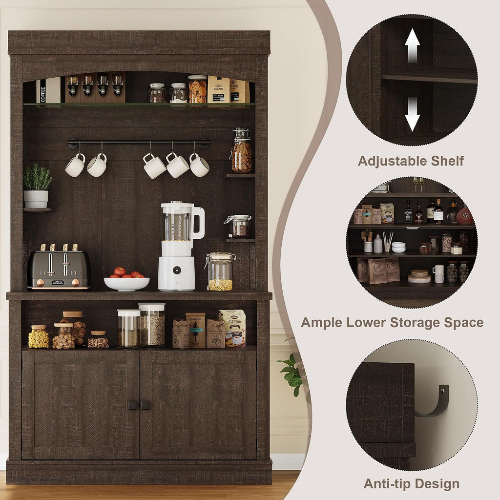 Coffee Bar Cabinet with LED Lights,72 '' Tall Buffet Cabinet with Storage,Farmhouse Kitchen Sideboard Tall Coffee