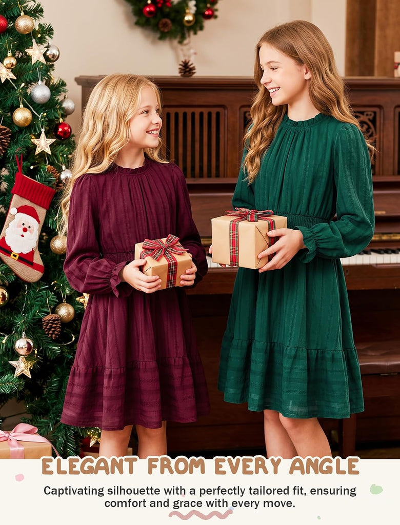 Girls Fall Cotton Dress Ruffle Neck Long Sleeve Casual Dresses
