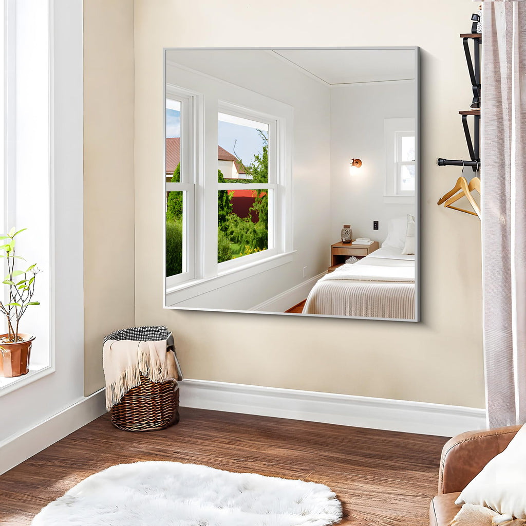 Silver Mirror, 42"x42" Square Bathroom Mirror for Wall, HD Tempered Glass, Anti-Rust Frame, Modern Design