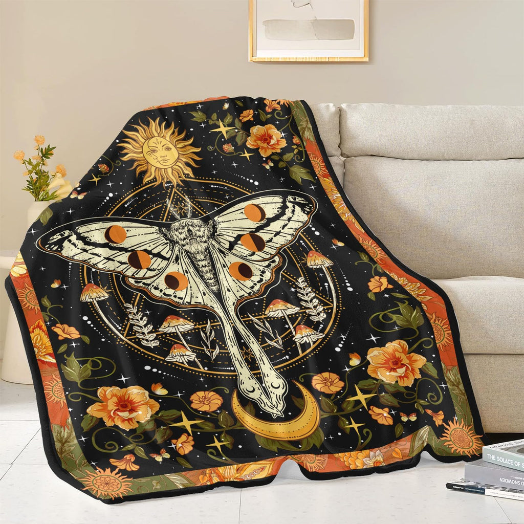 Orange Moth Throw Blanket, Retro Boho Flower Butterfly Sun Moon Star Aesthetic Cozy Decor Nap Blankets Gift Sofa Bed