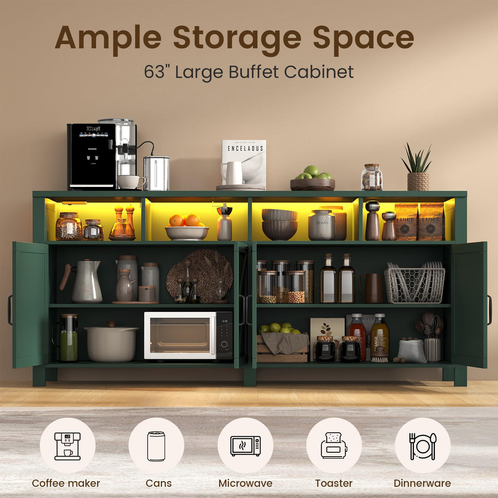 Buffet Sideboard with Storage with Power Outlets & LED Light, Large Farmhouse Kitchen Storage Cabinet Wood 4 Doors