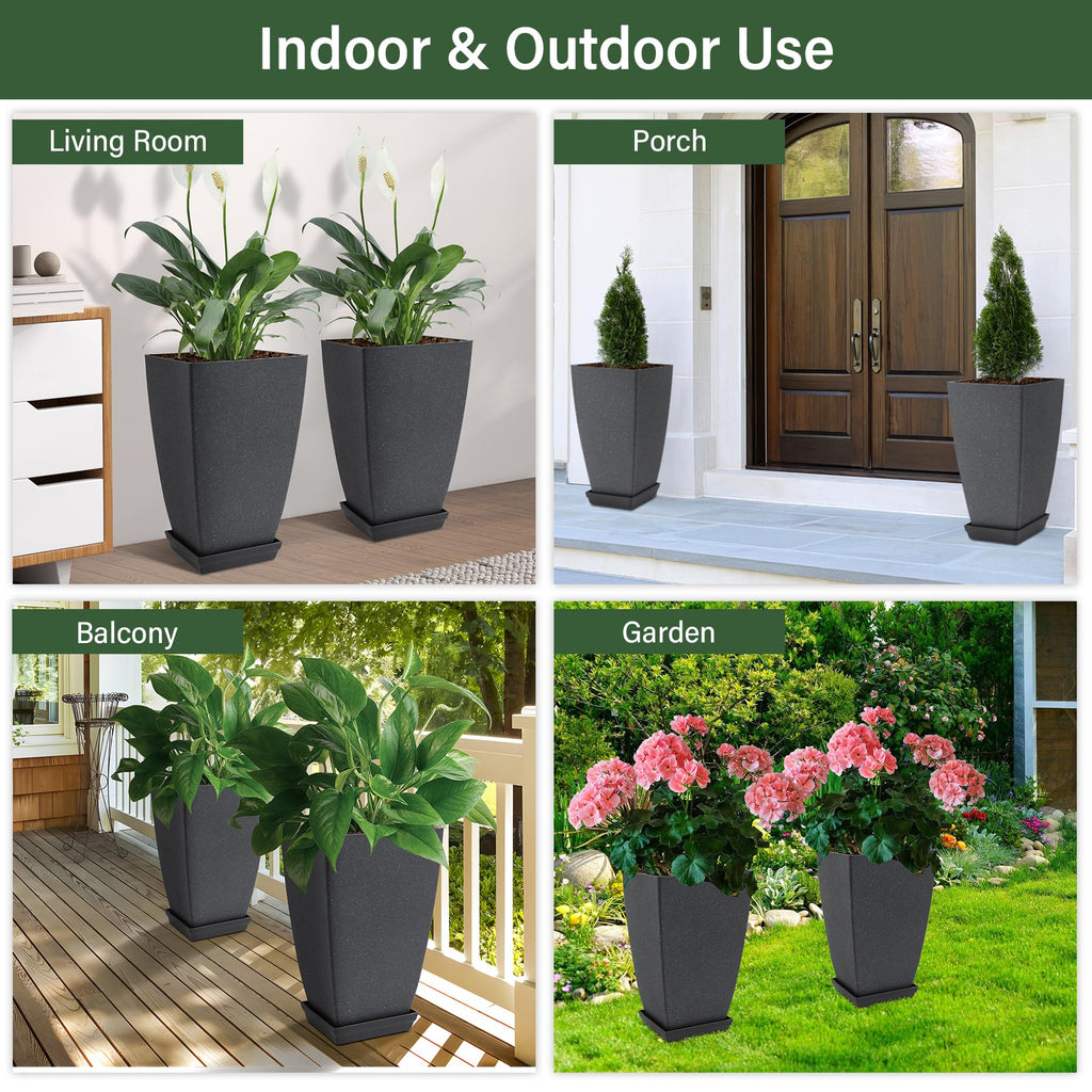 Set of 2 Tall Planter, 21 inch Large Plastic Planter, Cement Gray