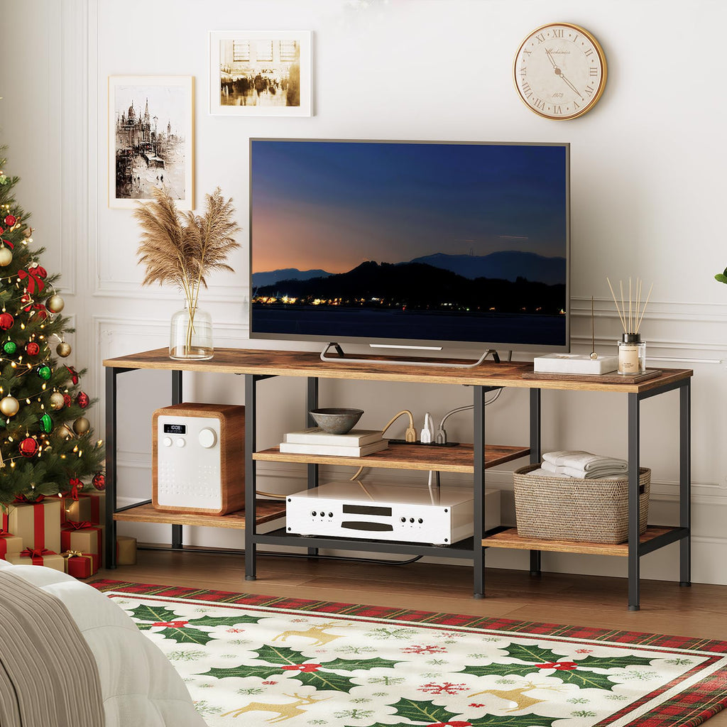 TV Stand with Power Outlets to 65 Inches, TV Console Table with Open Storage Shelves, Industrial Media Entertainment