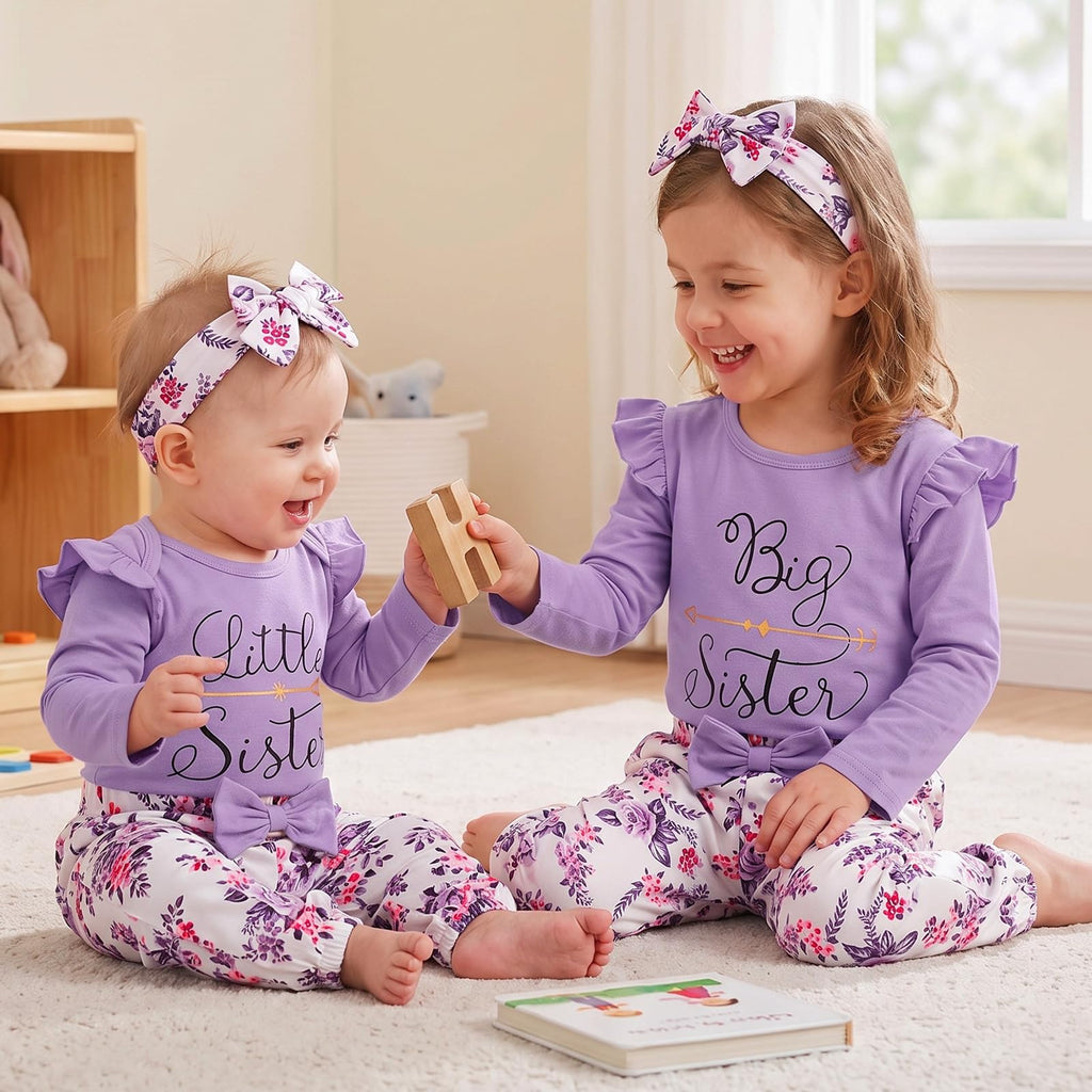 Big Sister Little Sister Matching Outfits Toddler Girl Clothes Newborn Baby Ruffle Romper Floral Pants Headband 3Pcs