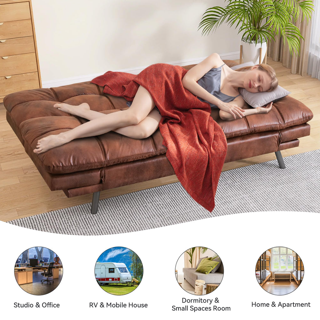 Saddle Brown Faux Leather Futon Sofa Bed, Convertible Futon Couch
