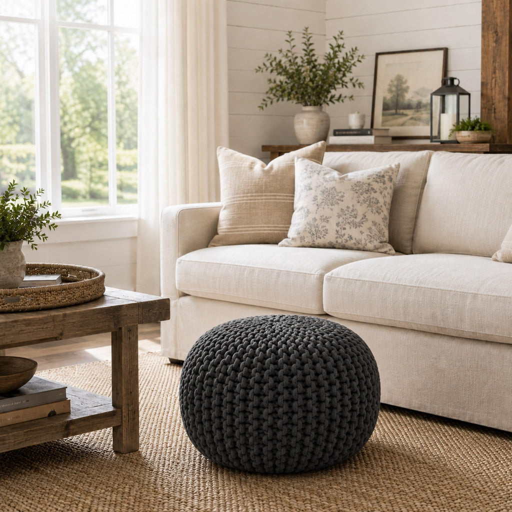 Round Pouf Ottoman, Black - 20" Diameter x 14.5" High Cotton Knit Foot Stool - Boho Floor Pouffe