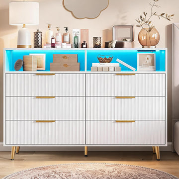 47.2 W 6 Drawer Dresser with LED and Charging Station, White