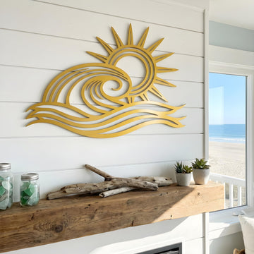 Ocean Wave Metal Wall Art, Sun Beach Decor, Coastal Large Wall Sculpture, Indoor/Outdoor Use, Nautical Wall Hanging