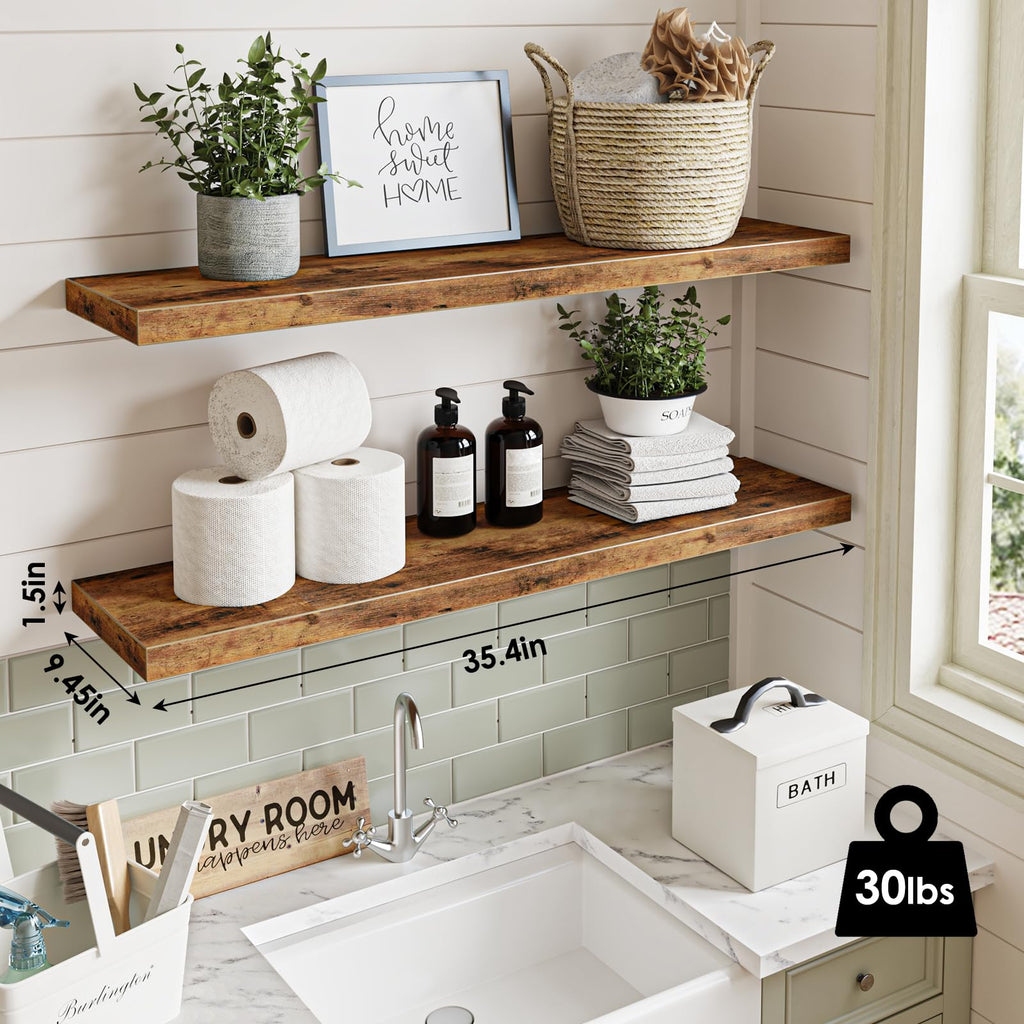 Floating Wall Shelves for Decor (Rustic Brown, Set of 2, 35.4Inch)