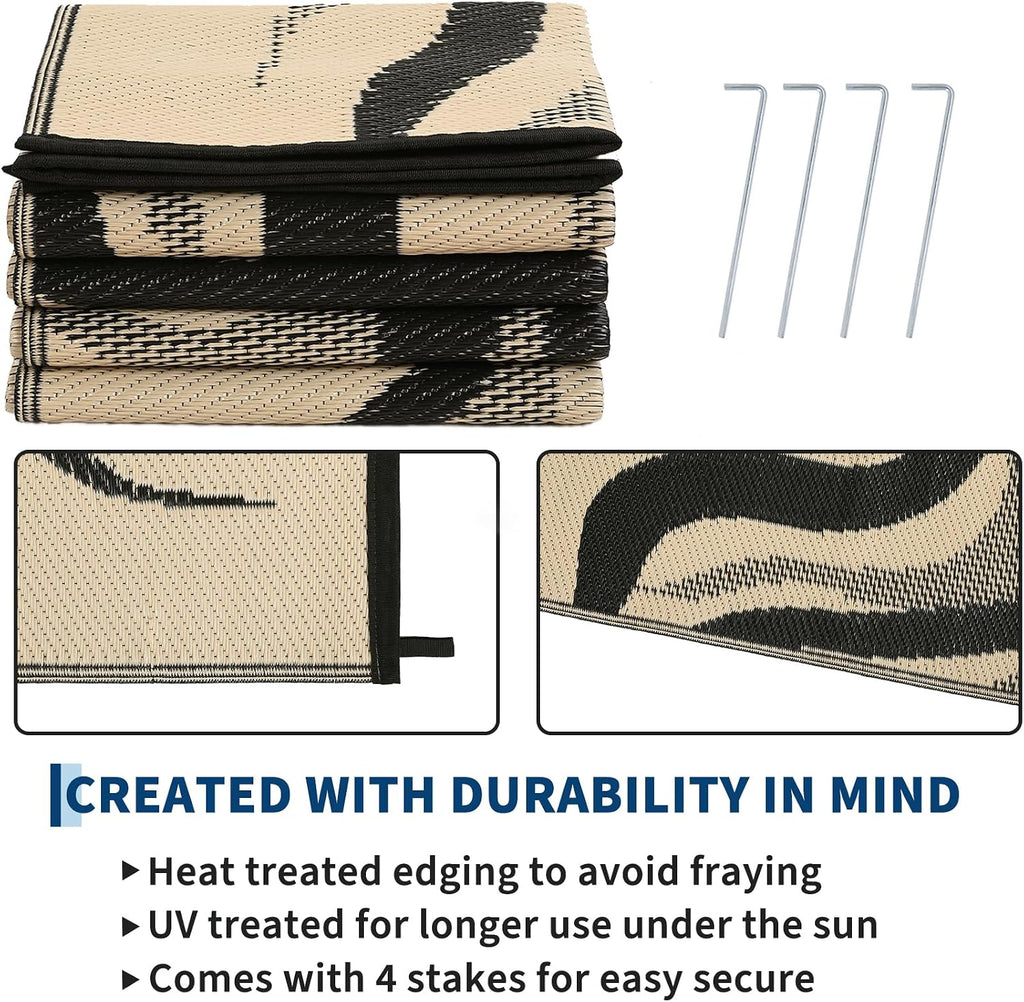Outdoor Rug Waterproof Patio Rugs with Boho Sun Pattern, Reversible Plastic Straw Camping Rugs Outdoor Indoor RV