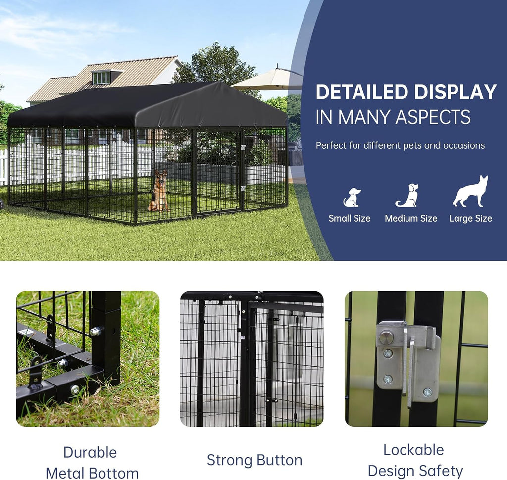 Outdoor Dog Kennel with Dog Fence for Medium/Small Dogs Anti-Rust Coating Cage with Roof All Weather Resistant Dog