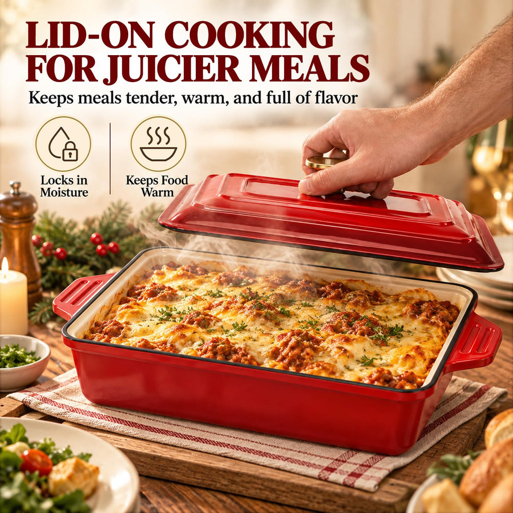 4 QT Enameled Cast Iron Casserole Dish with Lid, Rectangular Lasagna Pan