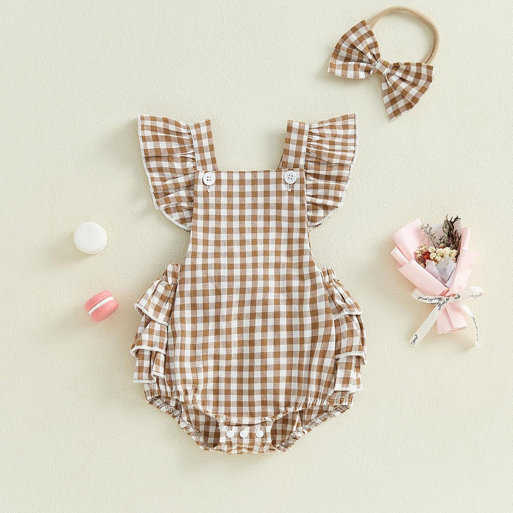 Newborn Baby Girl Romper Summer Sleeveless Checkered Smocked Cotton Linen Clothes Outfit Jumpsuit with Bow Headband