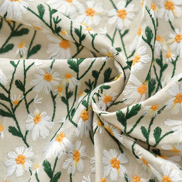 L Linen Daisy Embroidered Cotton, Floral Embroidered, Dress, Designer Fabric - By The Yard (Beige)