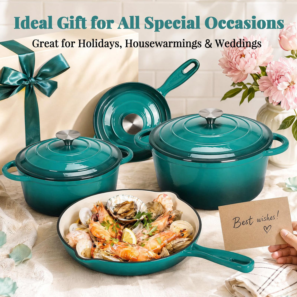 7-Piece Enameled Cast Iron Cookware Set, Cast Iron Pots & Pans Set