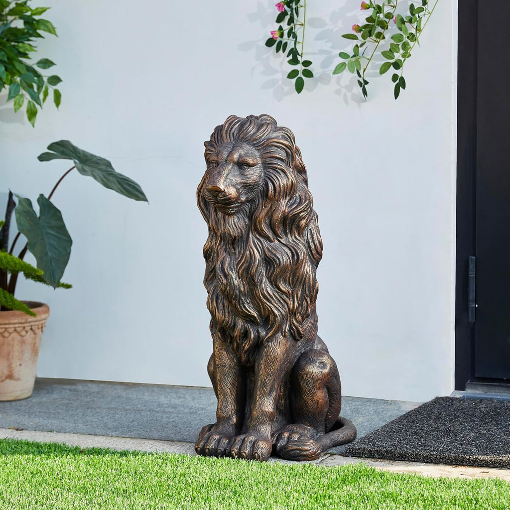 Bronze-Tone Lion Statue, 20.47 in Sitting Resin Garden Sculpture | Layered flowing mane, defined facial features