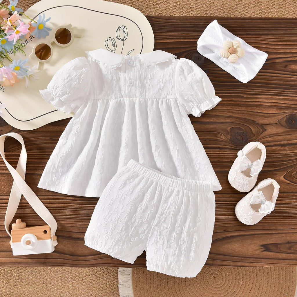 Baby Girl Summer Outfits Smocked Tops Shorts Set With Headband