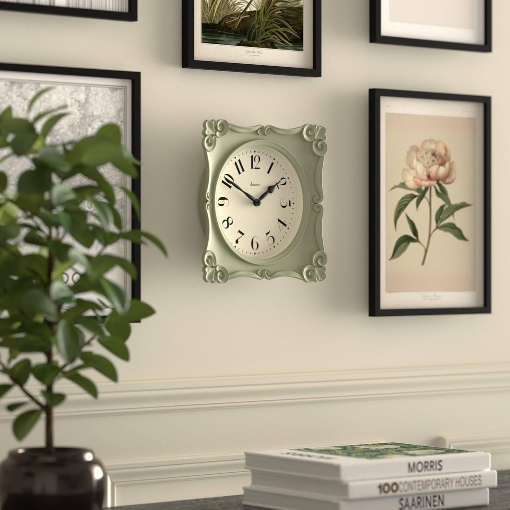 Rialto wall Clock | Ornate Square Clock | 10" | Sage Green