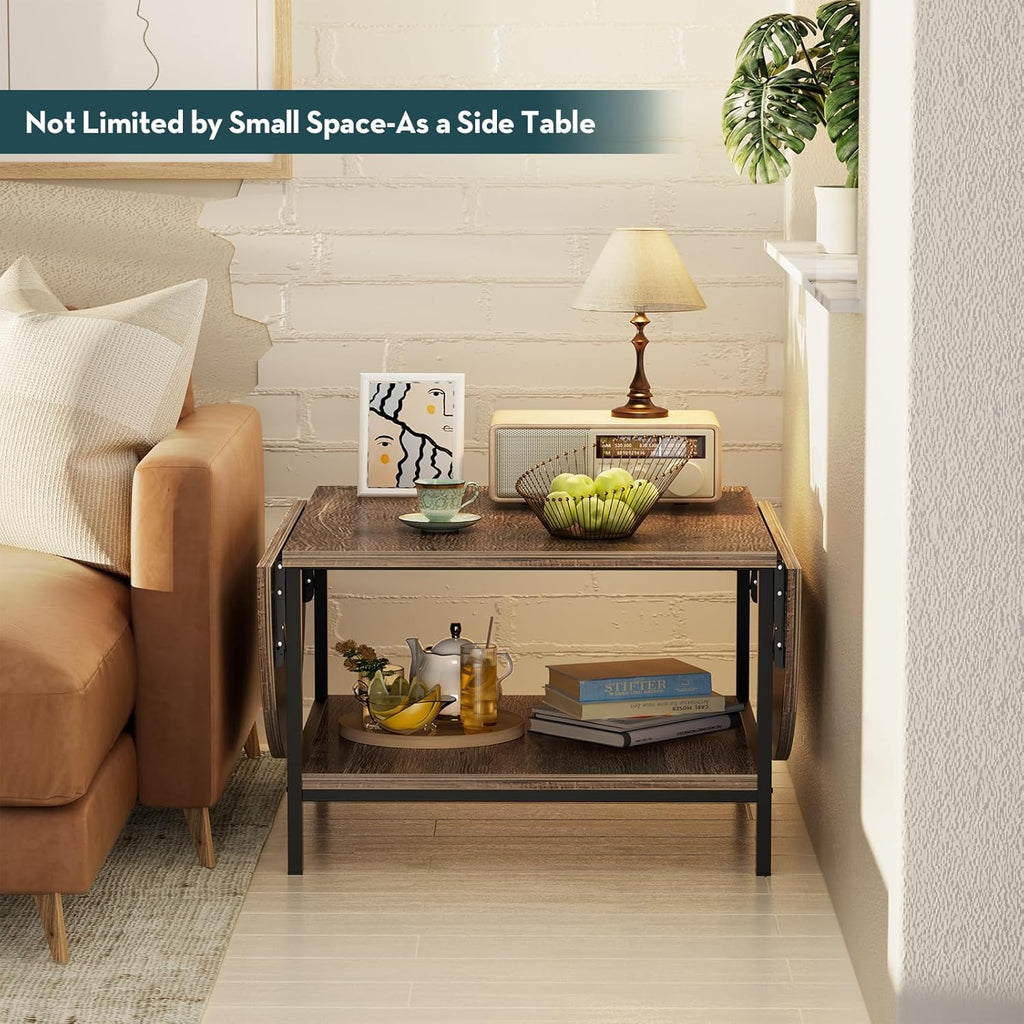 Folding Coffee Table, Small Coffee Tables with 2-Tier Storage, Mid Century Modern Center Table for Small Space